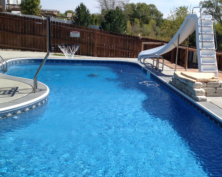 Swimming Pools, InGround Liners, poolside basketball, pool slides